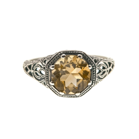 Candlelight - Estate Sterling Silver Natural Citrine Filigree Ring  (ER079)