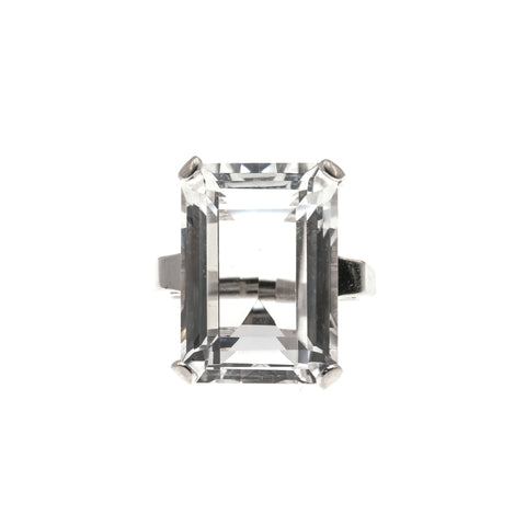 Retro Drama - Vintage 14K White Gold Emerald Cut Quartz Solitaire Ring (VR268)