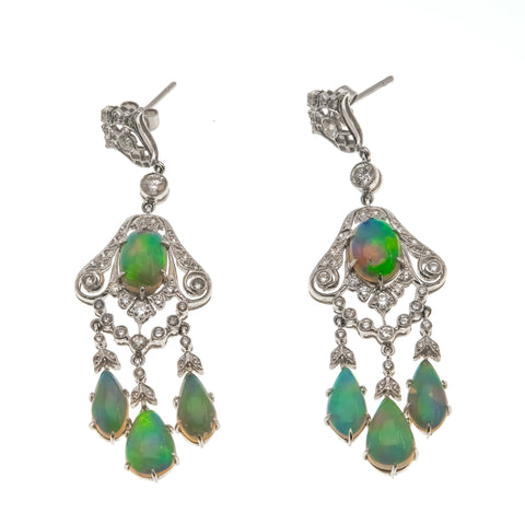 Mystical Jewels - Estate Edwardian Revival 18K White Gold Natural Opal & Diamond Chandelier Earrings  (EE086)