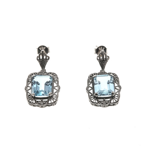 Tranquil Blue - Estate Sterling Silver Blue Topaz Filigree Earrings (EE137)