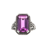 The Cosmo - Estate Art Deco Revival Sterling Silver Lab Created Emeralds Cut Pink Sapphire Floral Filigree Ring (ER206)