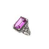 The Cosmo - Estate Art Deco Revival Sterling Silver Lab Created Emeralds Cut Pink Sapphire Floral Filigree Ring (ER206)