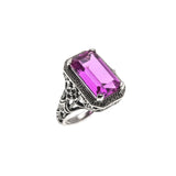The Cosmo - Estate Art Deco Revival Sterling Silver Lab Created Emeralds Cut Pink Sapphire Floral Filigree Ring (ER206)