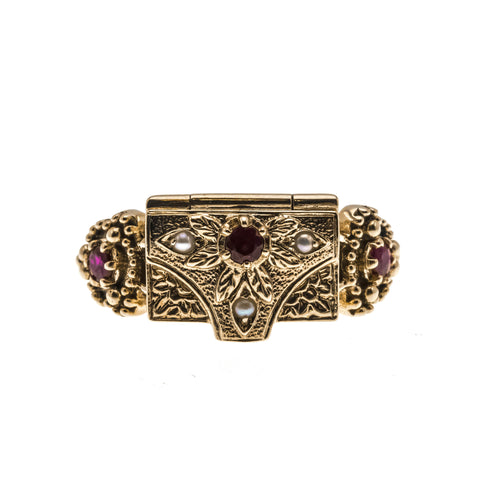 Love You To Death - Vintage 9K Gold Ruby & Seed Pearl Poison Locket Ring (VR504)