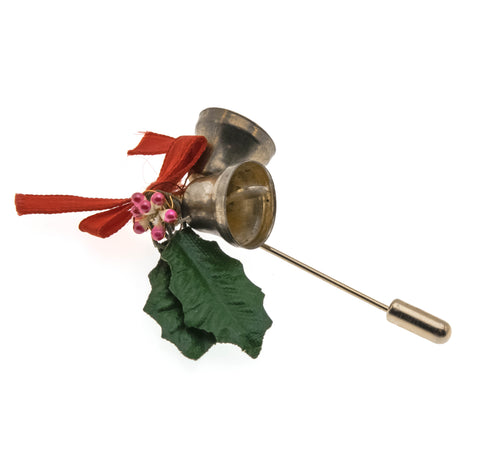 Jingle Bells - Vintage Brass Bells & Holly Pin Brooch (VBR026)