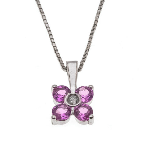 Petite Fleur - Vintage 10K/14K White Gold Pink Sapphire, Diamond Pendant & Chain (VP128)