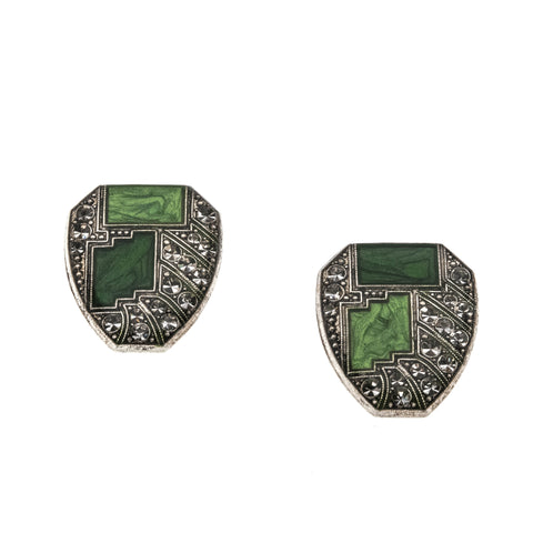 Pierre Bex - Vintage Silver Tone Green Enamel & Rhinestone Crystal Earrings (VE292)