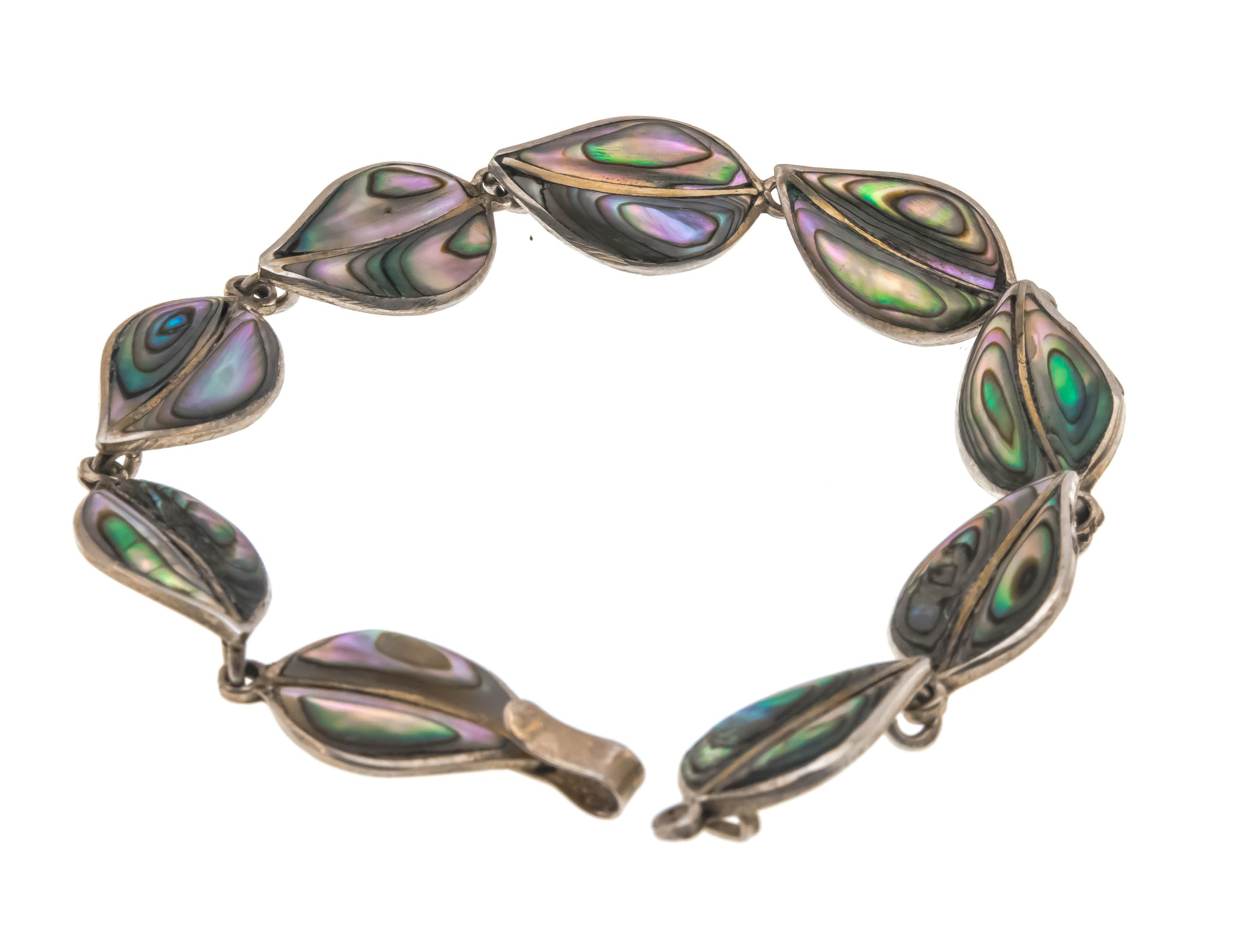 Leaves Of Iridescence  - Vintage Sterling Silver Abalone Leaf Bracelet (VB051)