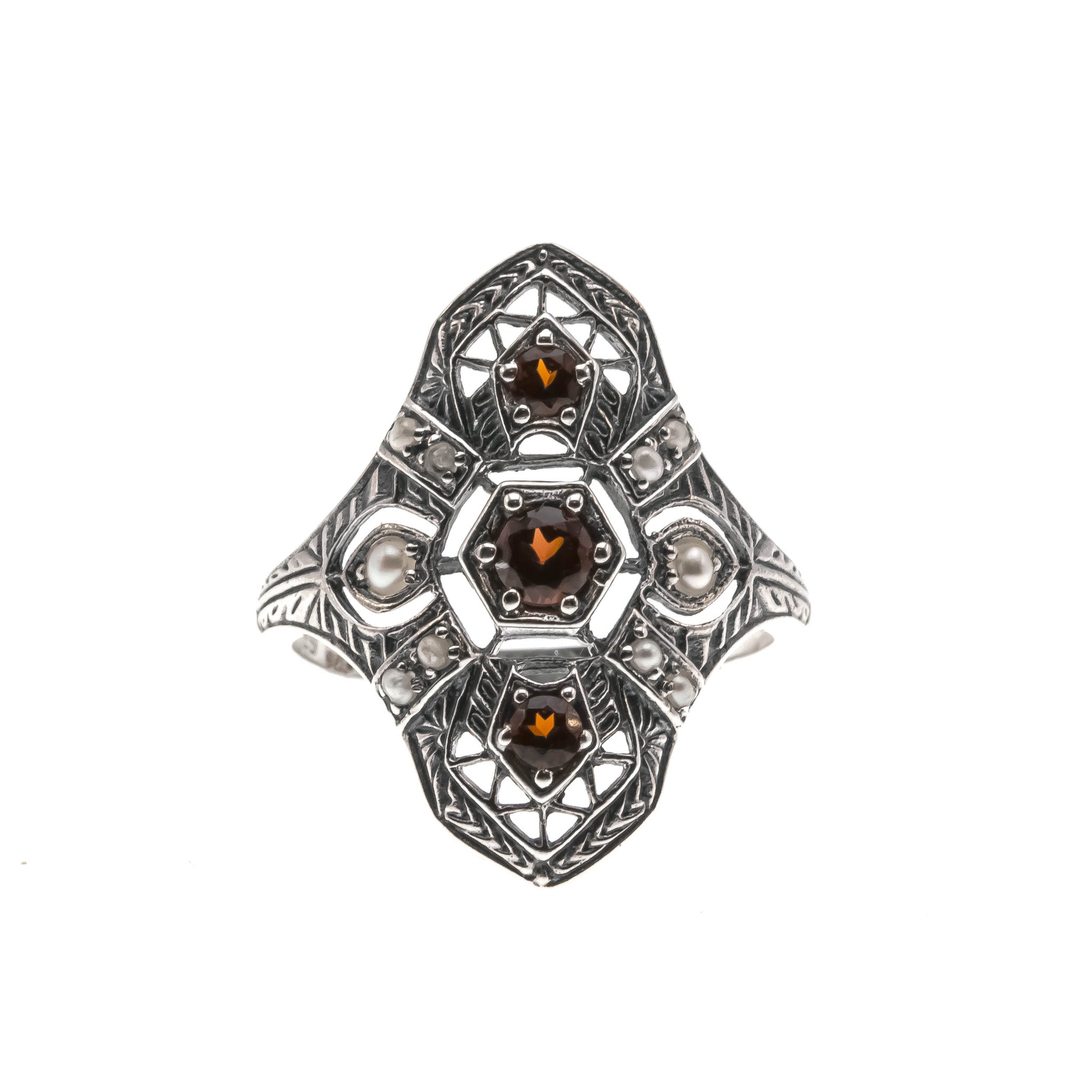 Sweeter Than Wine - Estate Sterling Silver Natural Garnet & Seed Pearl Filigree Ring (ER178)