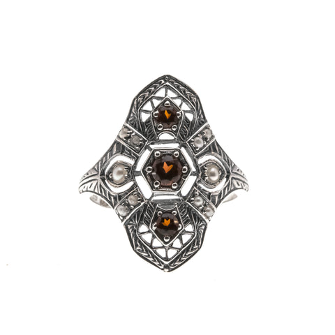 Sweeter Than Wine - Estate Sterling Silver Natural Garnet & Seed Pearl Filigree Ring (ER178)