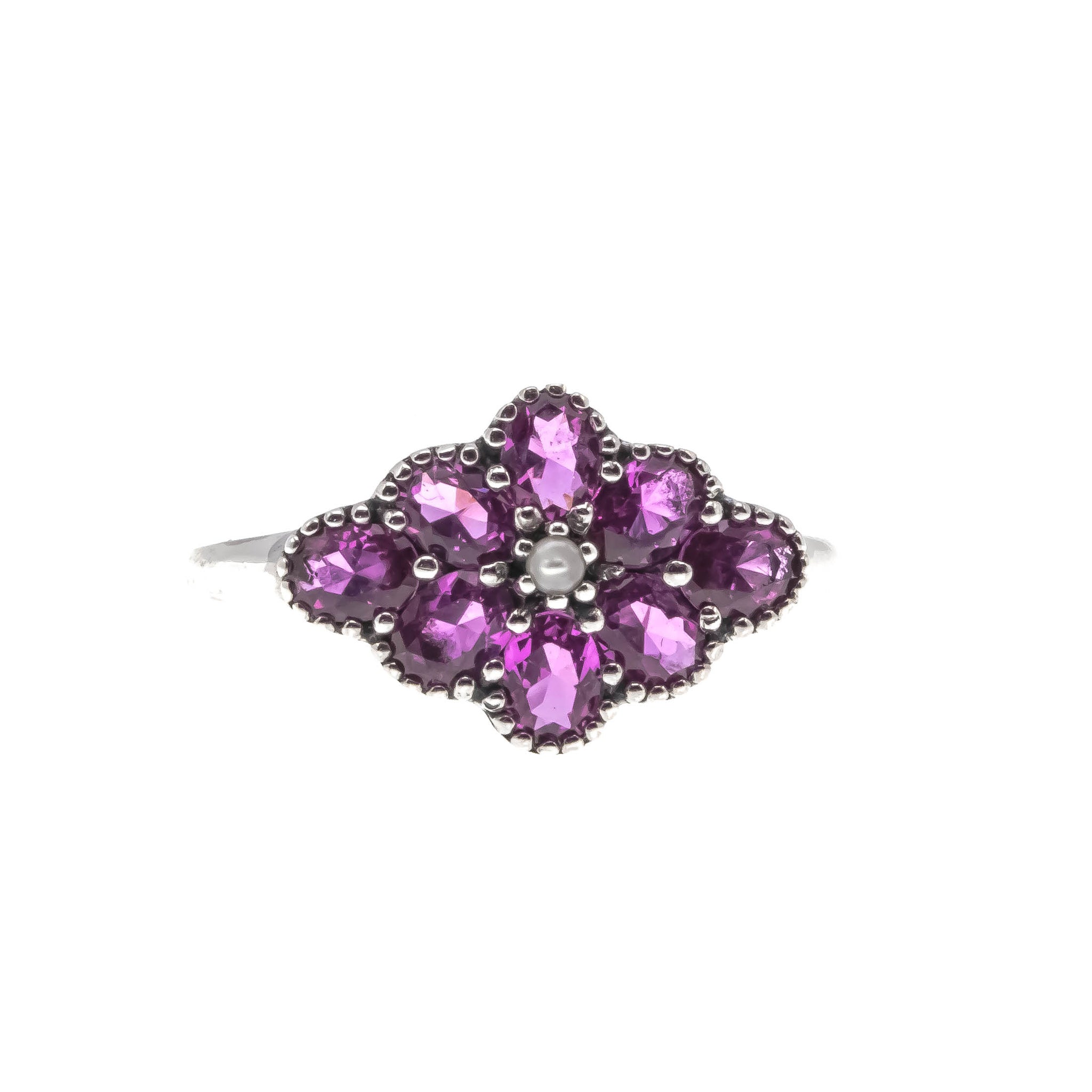French Rose - Estate Sterling Silver Pink Sapphire & Seed Pearl Flower Cluster Ring  (ER204)