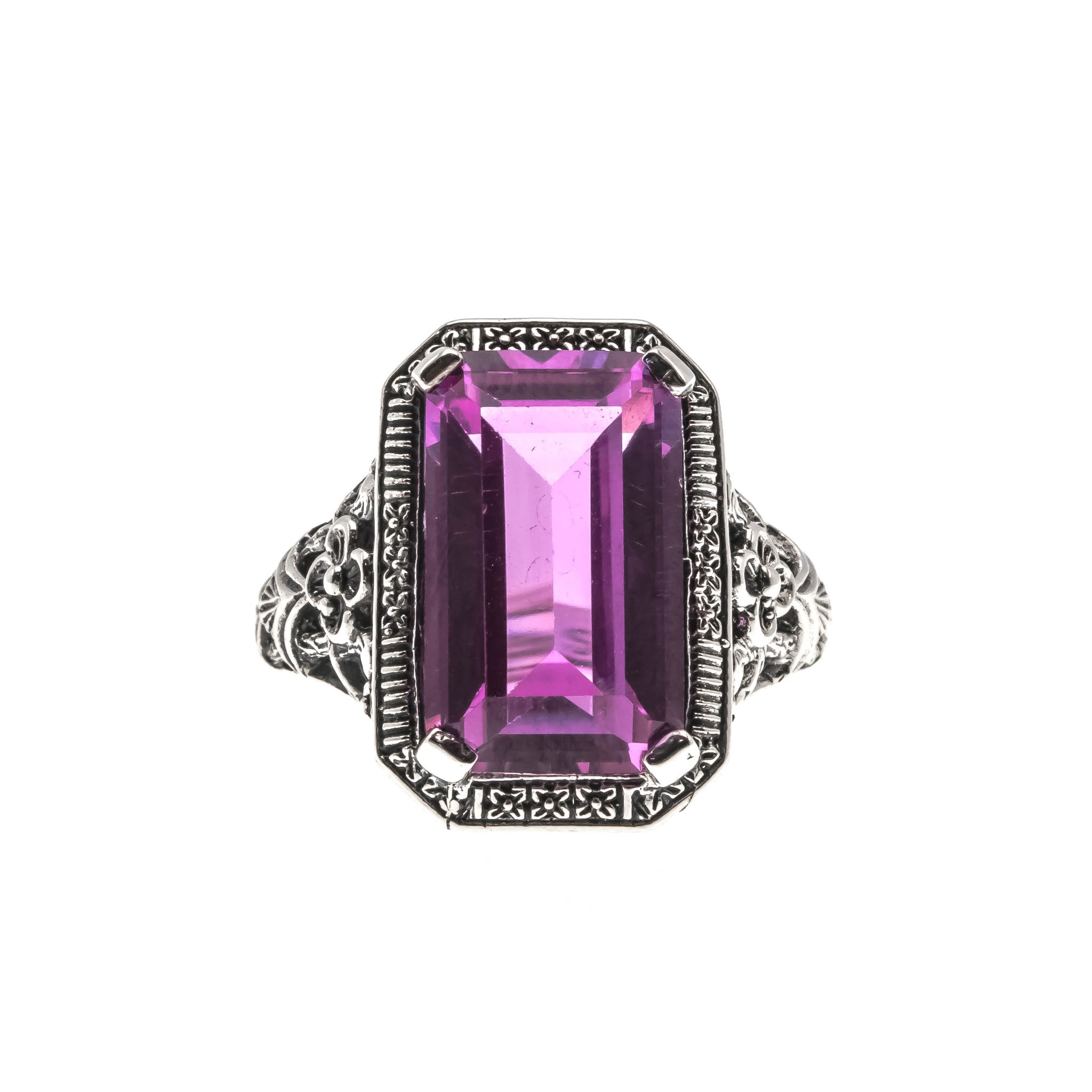 The Cosmo - Estate Art Deco Revival Sterling Silver Lab Created Emeralds Cut Pink Sapphire Floral Filigree Ring (ER206)