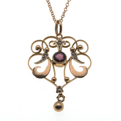 High Tea - Edwardian 9K Rose Gold Amethyst & Natural Pearl Lavalier Pendant (EDP017)