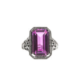 The Cosmo - Estate Art Deco Revival Sterling Silver Lab Created Emeralds Cut Pink Sapphire Floral Filigree Ring (ER206)