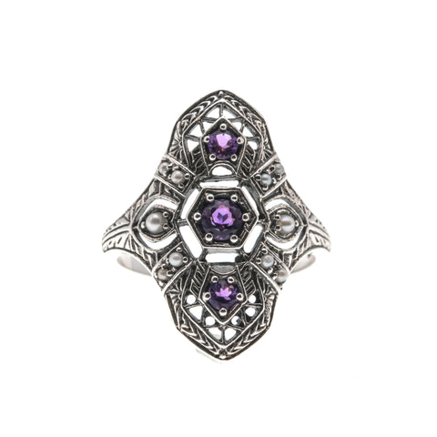 Purple Rain - Estate Sterling Silver Natural Amethyst & Seed Pearl Filigree Ring (ER209)