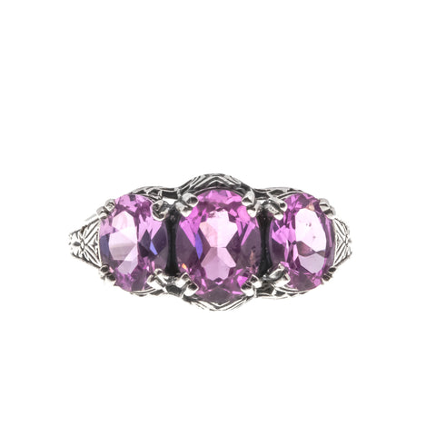 Cerise - Estate Sterling Silver Lab Created Pink Sapphire Trio Filigree Ring (ER202)