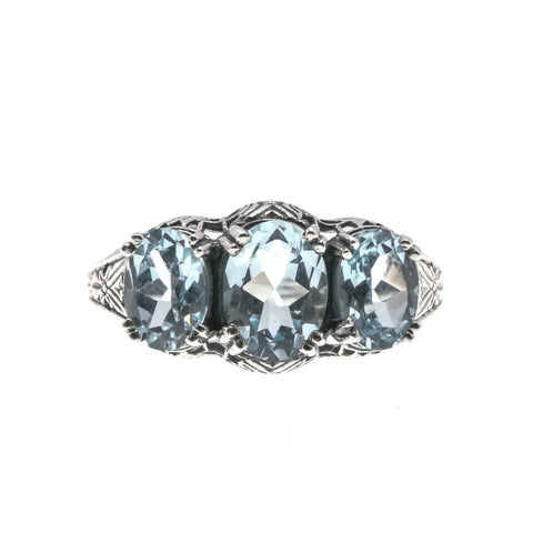 Blue Horizon - Estate Sterling Silver Natural Blue Topaz Trio Filigree Ring (ER195)