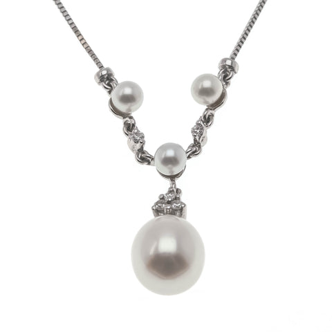 Snow & Ice - Vintage 10K White Gold Cultured Pearl & Diamond Necklace (VN122)
