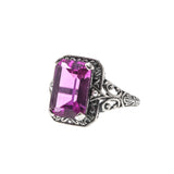 Pink Passion - Estate Art Deco Revival Sterling Silver Lab Created Pink Sapphire & Seed Pearl Ring (ER205)