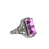 The Cosmo - Estate Art Deco Revival Sterling Silver Lab Created Emeralds Cut Pink Sapphire Floral Filigree Ring (ER206)