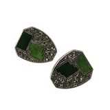 Pierre Bex - Vintage Silver Tone Green Enamel & Rhinestone Crystal Earrings (VE292)