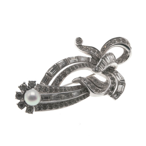 Femininity & Elegance - Vintage Mazer Silver Toned Cultured Pearl & Crystal Brooch (VBR085)