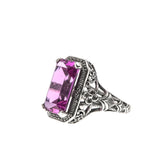 The Cosmo - Estate Art Deco Revival Sterling Silver Lab Created Emeralds Cut Pink Sapphire Floral Filigree Ring (ER206)