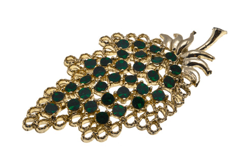 Jewelled Leaf - Vintage Gold Tone Emerald Crystal Leaf Brooch (VBR056)