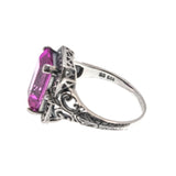 Pink Passion - Estate Art Deco Revival Sterling Silver Lab Created Pink Sapphire & Seed Pearl Ring (ER205)