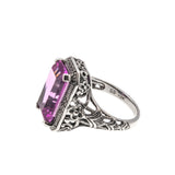 The Cosmo - Estate Art Deco Revival Sterling Silver Lab Created Emeralds Cut Pink Sapphire Floral Filigree Ring (ER206)
